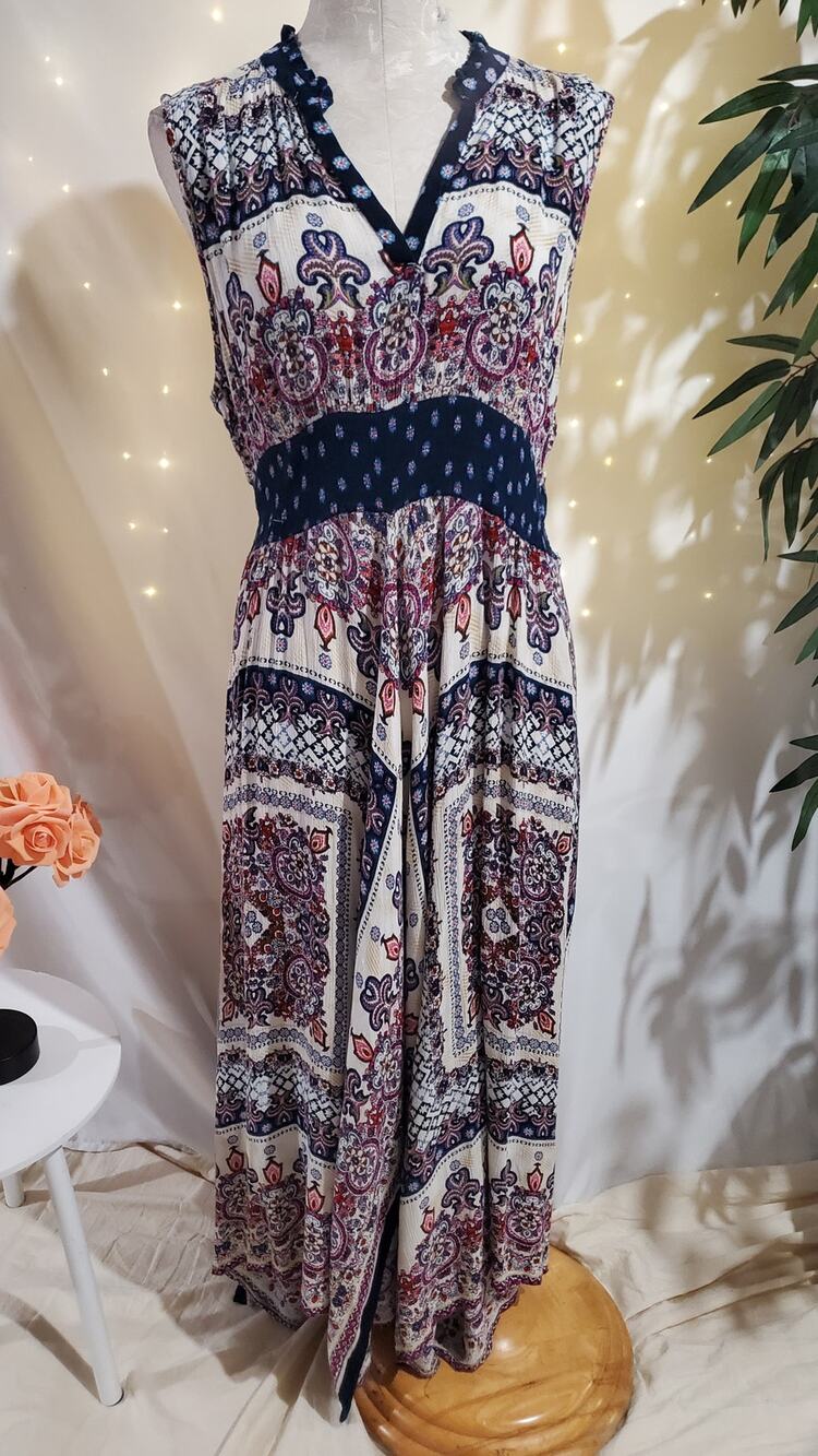 Bila Floral Paisley Smocked Front Slit Sleeveless Maxi Dress Size L Boho Hippie